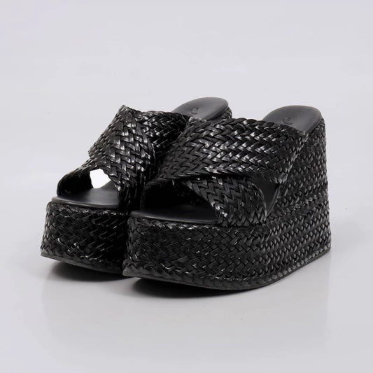 Dubai - Tamanco Anabela Feminino Plataforma Trançado Preto
