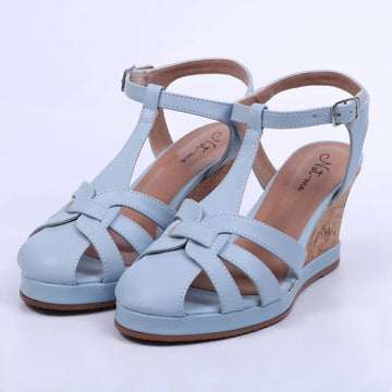 Déli - Sandália Feminina Anabela Bico Redondo Fivela Azul