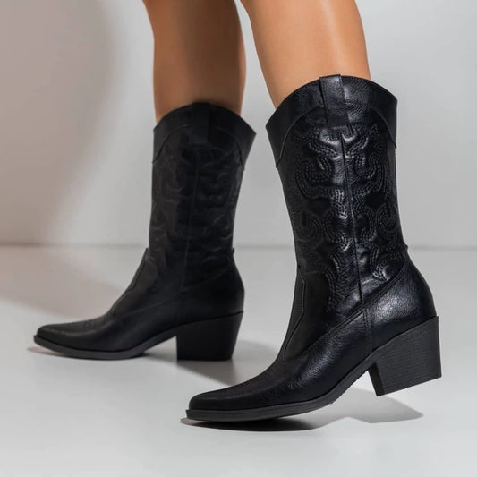 Catarina - Bota Feminina Texana Country Cano Médio Salto Grosso Preta