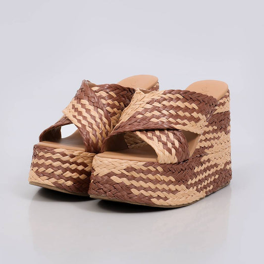 Doha - Tamanco Anabela Feminino Plataforma Trançado Caramelo/Nude