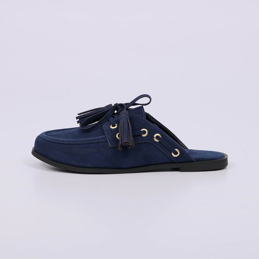 Zoe - Mule Feminino Camurça Com Franjas Azul Escuro