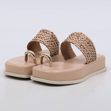 Lara - Flatform Feminina Flatform Tira Trançada Argola Bege