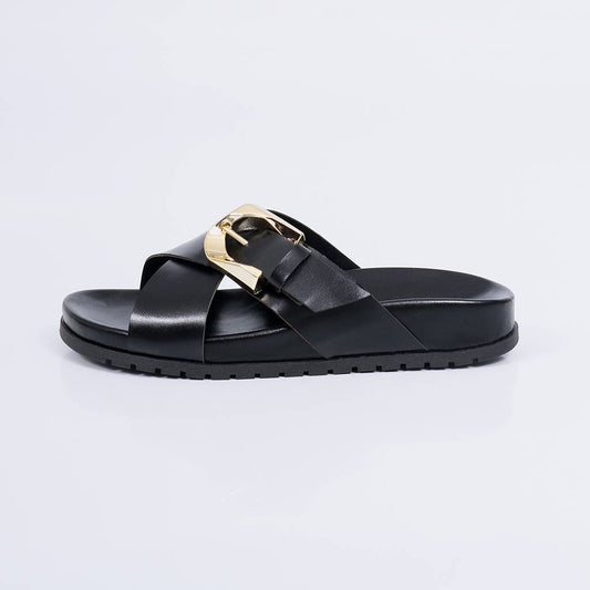 Elisa - Papete Feminina Anatômica Fivela Tira Cruzada Preta