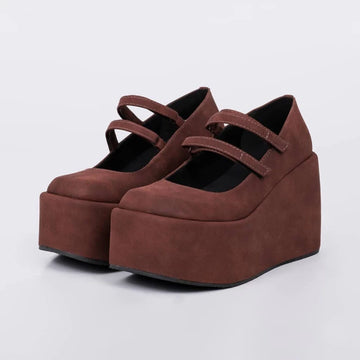 Lolita - Sapato Feminino Plataforma Camurça Bico Redondo Marrom
