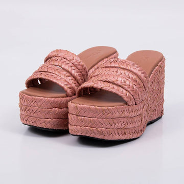 Maitê - Tamanco Feminino Anabela Plataforma Tiras Palha Rosa