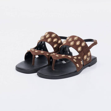 Catar - Sandália Rasteira Feminina Tiras com Aplicações Marrom Escuro