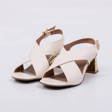 Austin - Sandália Feminina Tiras Salto Bloco Dourado Off-white