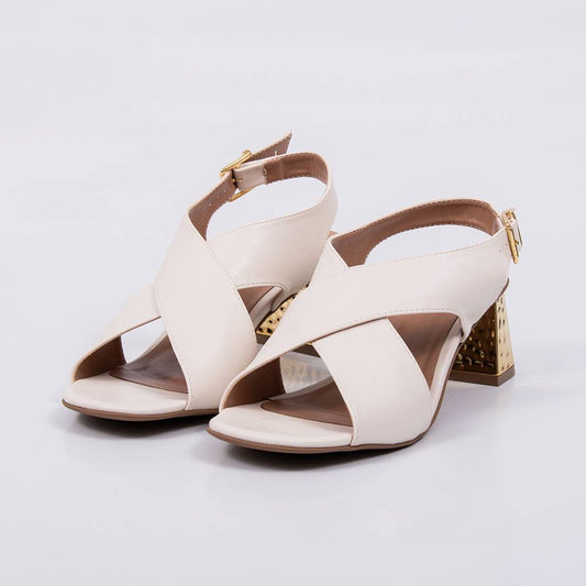 Austin - Sandália Feminina Tiras Salto Bloco Dourado Off-white
