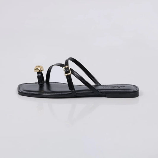 Iara - Rasteira Feminina Dedal Tiras Finas Fivela Preto