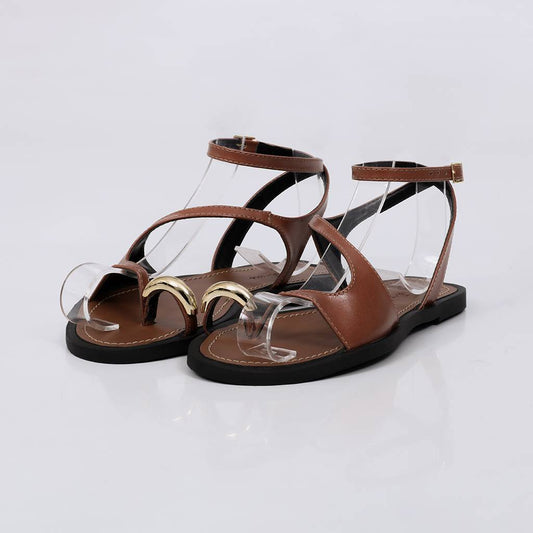 Malta - Sandália Rasteira Feminina Tiras Dedal Dourado Caramelo