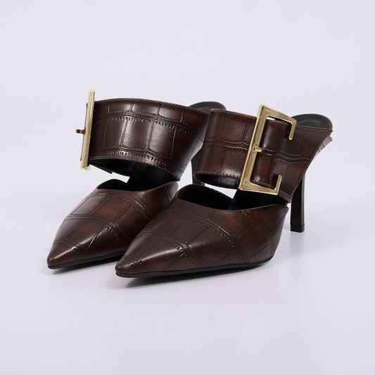 Dominique - Mule Feminino Salto Fino Com Fivela Marrom Escuro