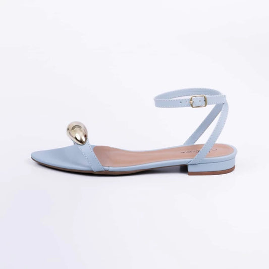 Valence - Sandália Rasteira Feminina Bico Folha Aplicação Azul