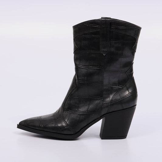 Piton - Bota Feminina Cano Médio Croco Bico Fino Salto Preto