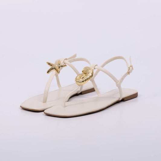 Sophia - Rasteira Feminina Dedo Aplicação Metálica Dourada Off-white