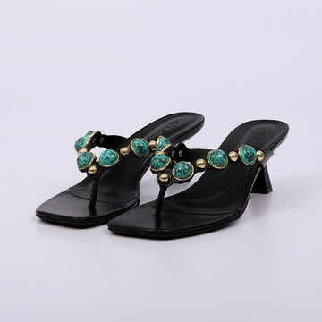 Nina - Tamanco Salto Alto Pedrarias Turquesa Preto