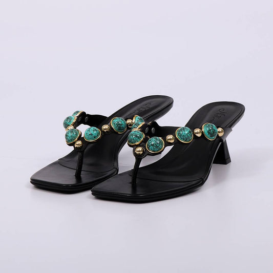 Nina - Tamanco Salto Alto Pedrarias Turquesa Preto