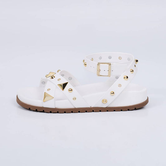 Valen - Papete Feminina Tiras Aplicação Fivela Dourada Branco