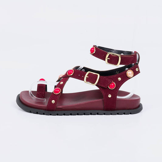 Troia - Papete Sandália Feminina Pedras Fivelas Vermelho