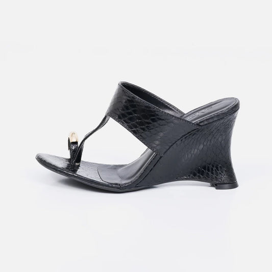 Milão - Tamanco Feminino Salto Anabela Tira Cromado Preto
