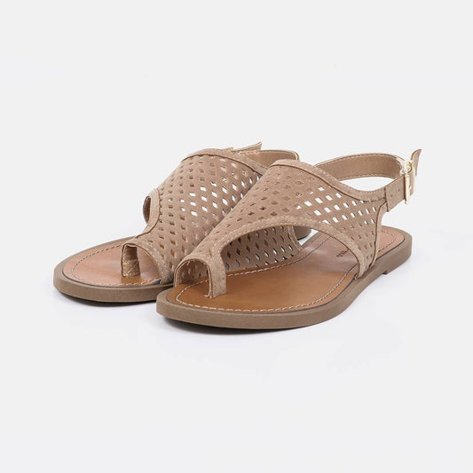 Eleven - Sandália Rasteira Feminina Vazado Fivela Bege