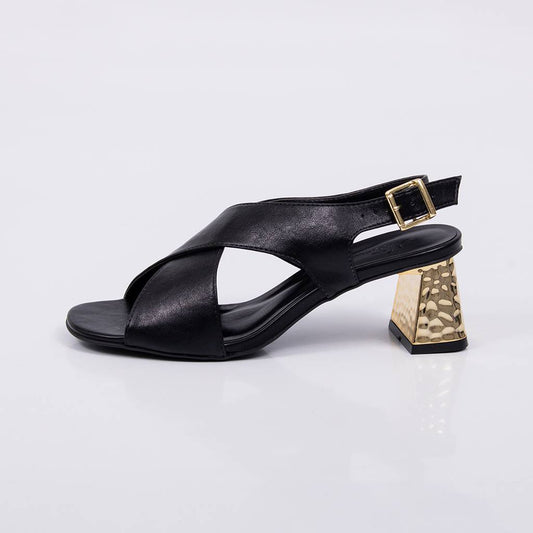 Austin - Sandália Feminina Tiras Salto Bloco Dourado Preto
