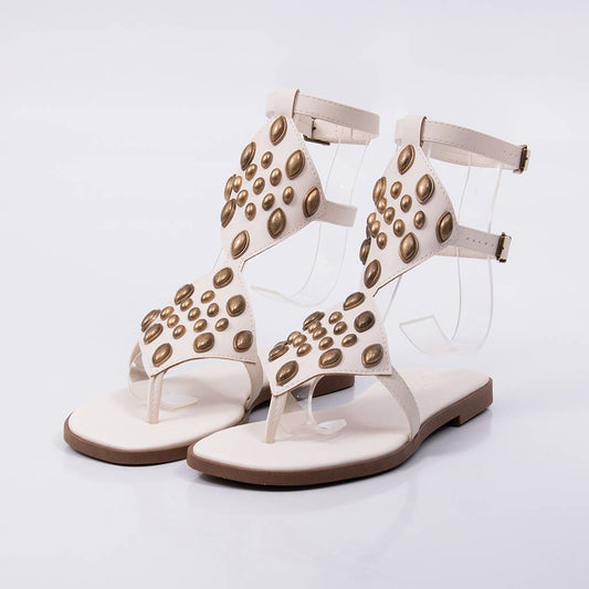 Siena - Sandália Feminina Rasteira Tachas Douradas Off-white