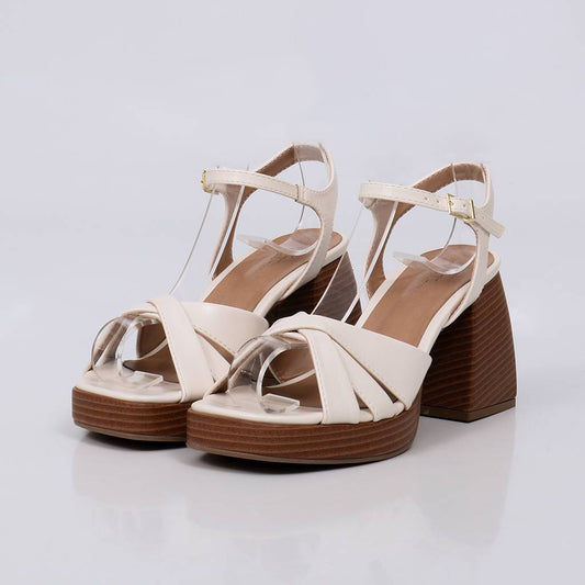 Emy - Sandália Feminina Salto Bloco Tiras Cruzadas Off-white