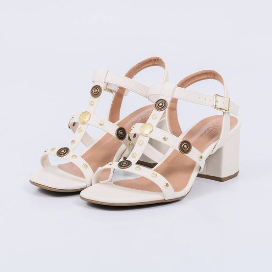 Liara - Sandália Feminina Salto Bloco Fivela Aplicações Off-white