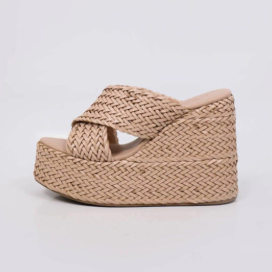 Dubai - Tamanco Anabela Feminino Plataforma Trançado Nude