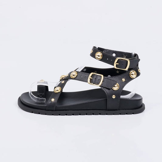 Bela - Sandália Feminina Tiras com Tachas Fivelas Preto