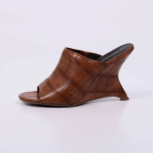 Suzy - Tamanco Feminino Salto Anabela Textura Croco Caramelo