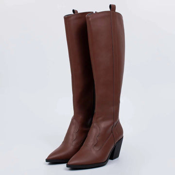 Nati - Bota Feminina Texana Cano Longo Bico Fino Salto Grosso Marrom