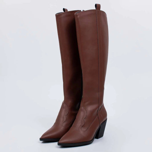 Nati - Bota Feminina Texana Cano Longo Bico Fino Salto Grosso Marrom