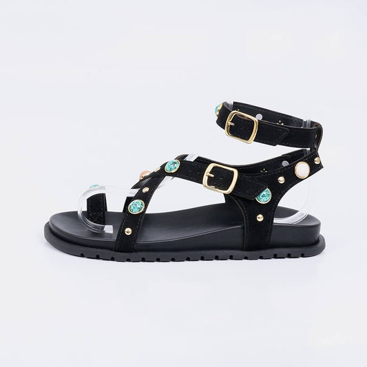 Troia - Papete Sandália Feminina Pedras Fivelas Preto