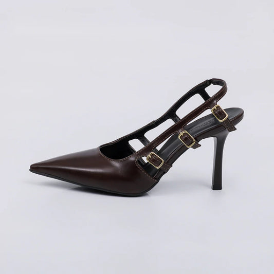 Tessa - Scarpin Feminino Fivela Abertura Lateral Marrom