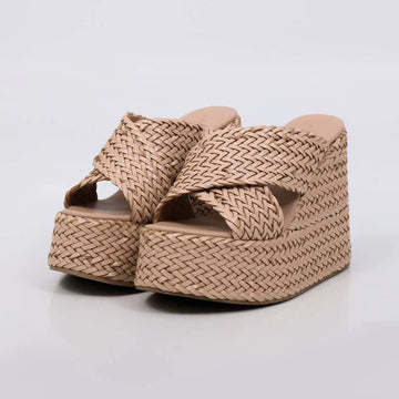 Dubai - Tamanco Anabela Feminino Plataforma Trançado Nude