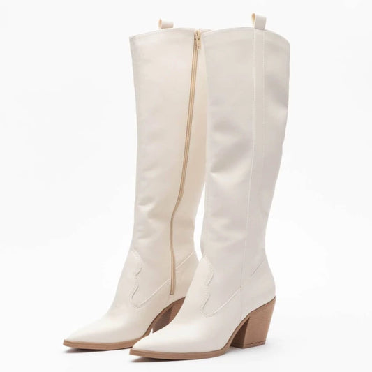 Nati - Bota Feminina Texana Cano Longo Bico Fino Salto Grosso Off-White