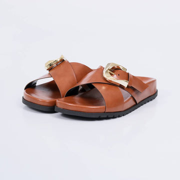 Elisa - Papete Feminina Anatômica Fivela Tira Cruzada Caramelo