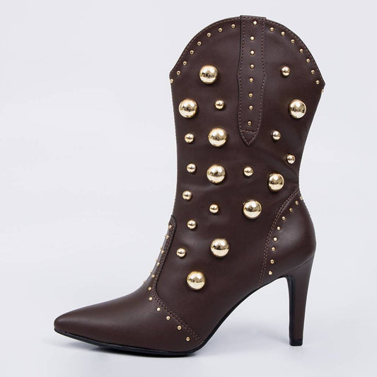 Giza - Bota Feminina Texana Cano Curto Tachas Douradas Marrom Escuro
