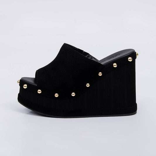 Adrian - Tamanco Feminino Anabela Plataforma Tachas Preto