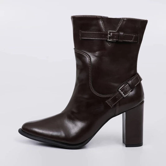 Vegas - Bota Feminina Bico Redondo Salto Grosso com Aplicação Marrom