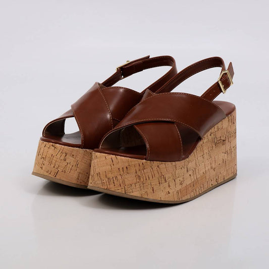 Taina - Sandália Feminina Plataforma Cortiça Tiras Caramelo