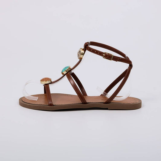 Beatrice - Sandália Feminina Rasteira Aplicações Pedras Caramelo