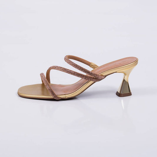 Lia - Tamanco Feminino Salto Taça Tiras Strass Dourado