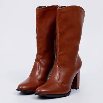 Coral - Bota Feminina Cano Médio Salto Bloco Bico Fino Marrom Caramelo