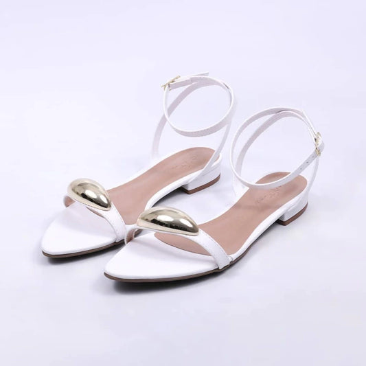 Valence - Sandália Rasteira Feminina Bico Folha Aplicação Branca