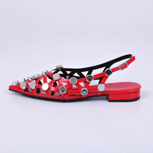 Sibeli - Slingback Feminina Bico Fino Aplicação Vermelha