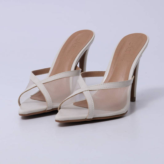 Helena - Tamanco Feminina Salto Fino Tiras Transparente Off-white