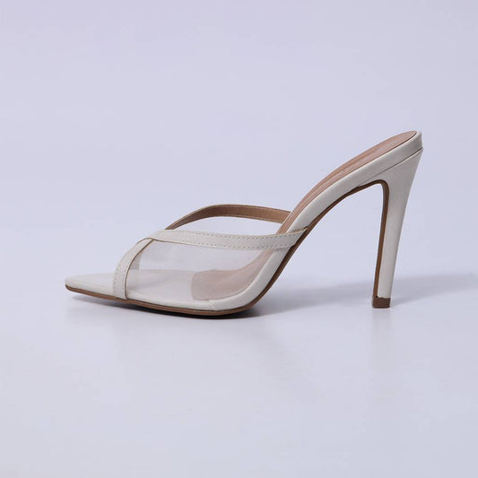 Helena - Tamanco Feminina Salto Fino Tiras Transparente Off-white