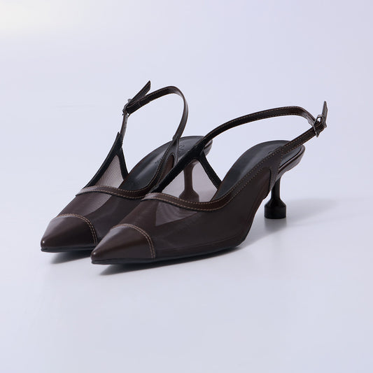 Vivian – Slingback Feminina Bico Fino Salto Taça Marrom Escuro